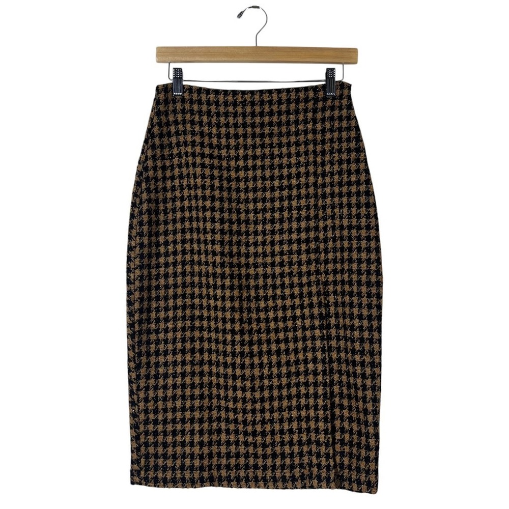 NWT Sage The Label Houndstooth Tweed Pencil Skirt Brown Black Office Siren Sz S